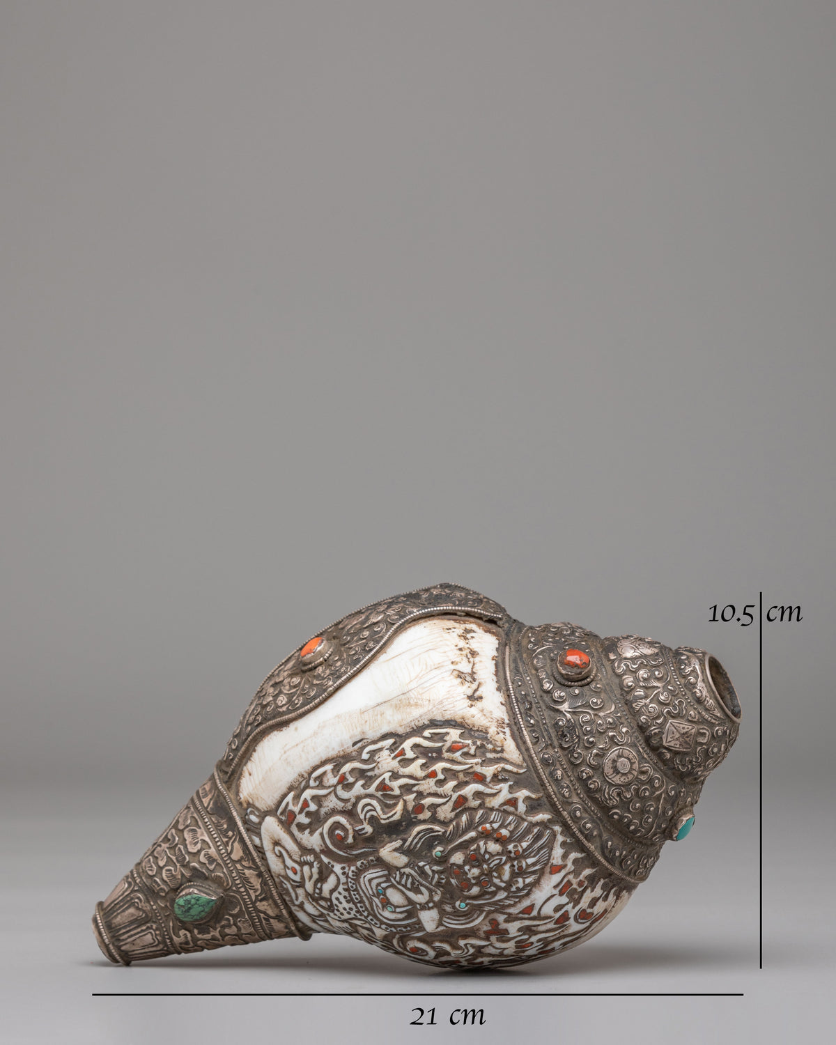 Traditional Buddhist Conch Shell | Silver Embellished Ritual Instrument