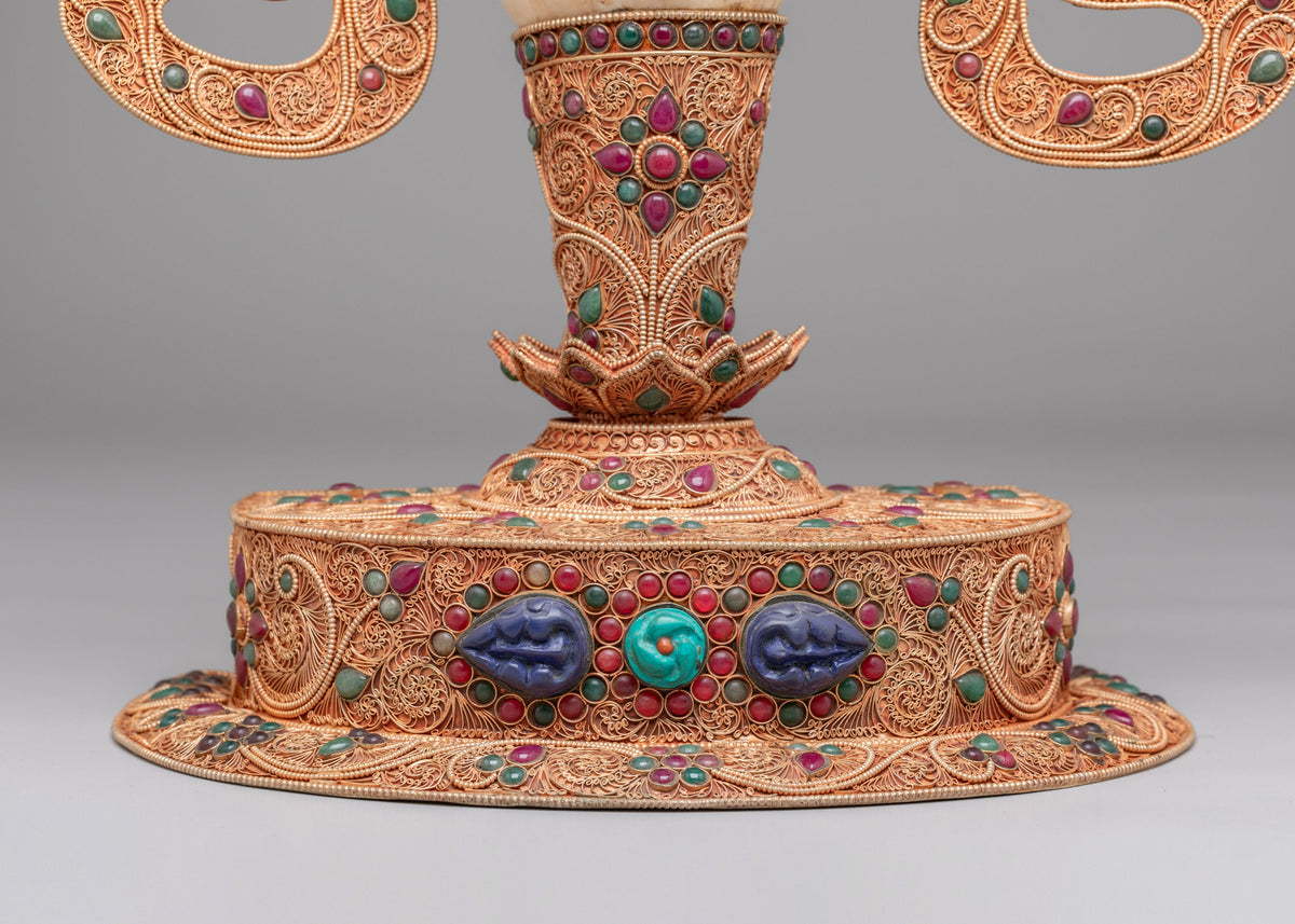 Tibetan Decorative Conch with Stand | Gemstone Embellished Buddhist Art