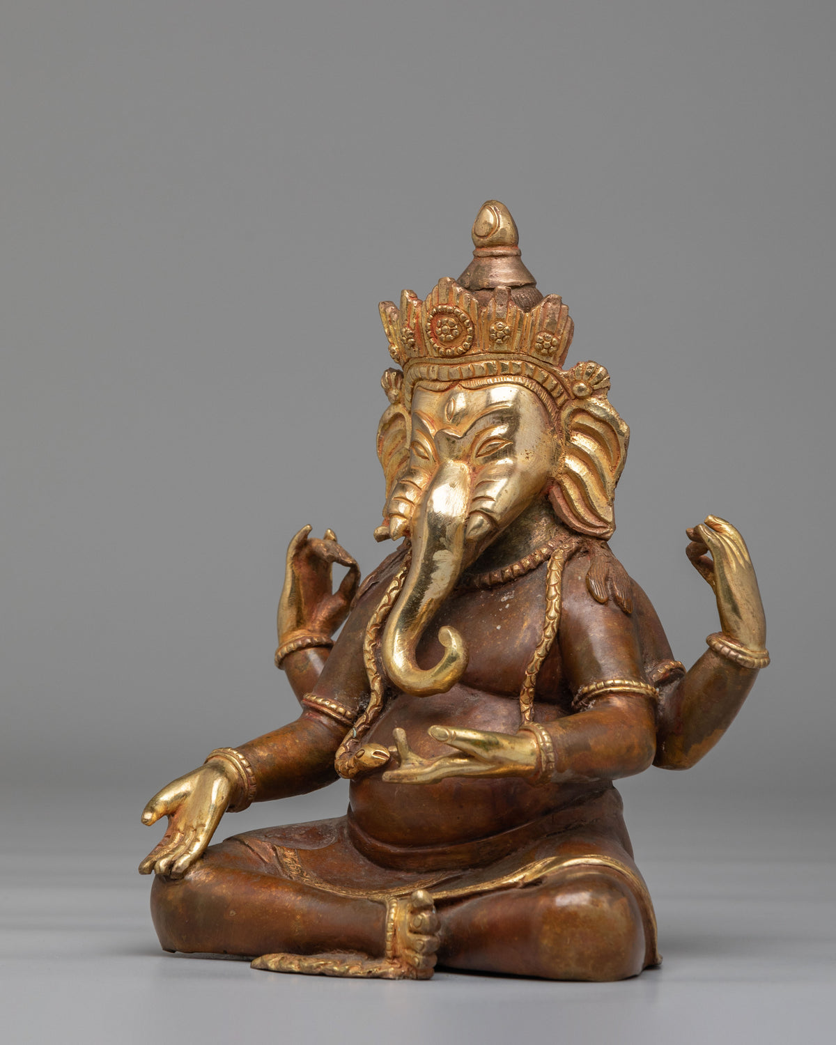 Sacred Himalayan Ganesh Altar Statue | Gold Plated Copper Ganesha Sculpture