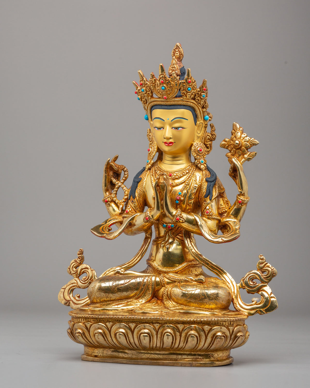 Buddhist Altar Chenrezig Sculpture | 24K Gold Gilded Compassion Statue