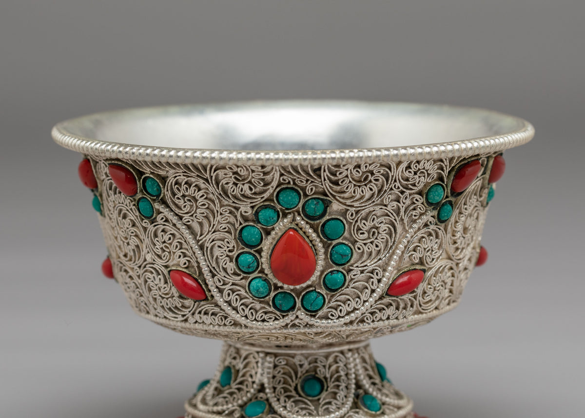 Buddhist Shrine Offering Bowl Set | Silver Plated Tibetan Ritual Bowls