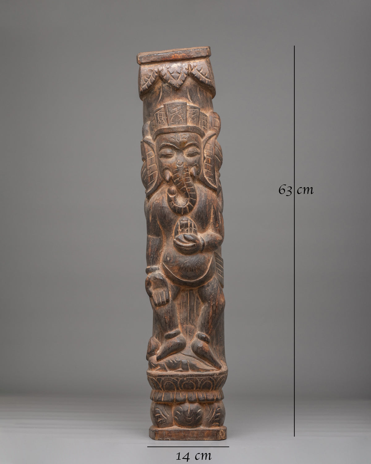 Ganesha Wooden Carved Pillar | Traditional Hindu Artwork