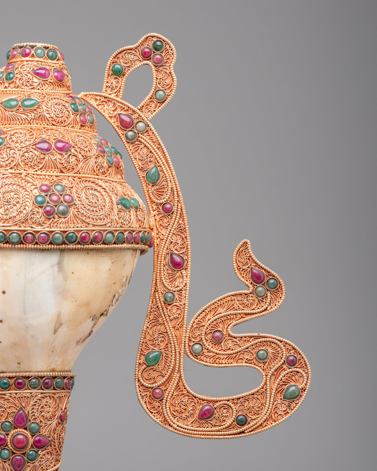 Tibetan Decorative Conch with Stand | Gemstone Embellished Buddhist Art