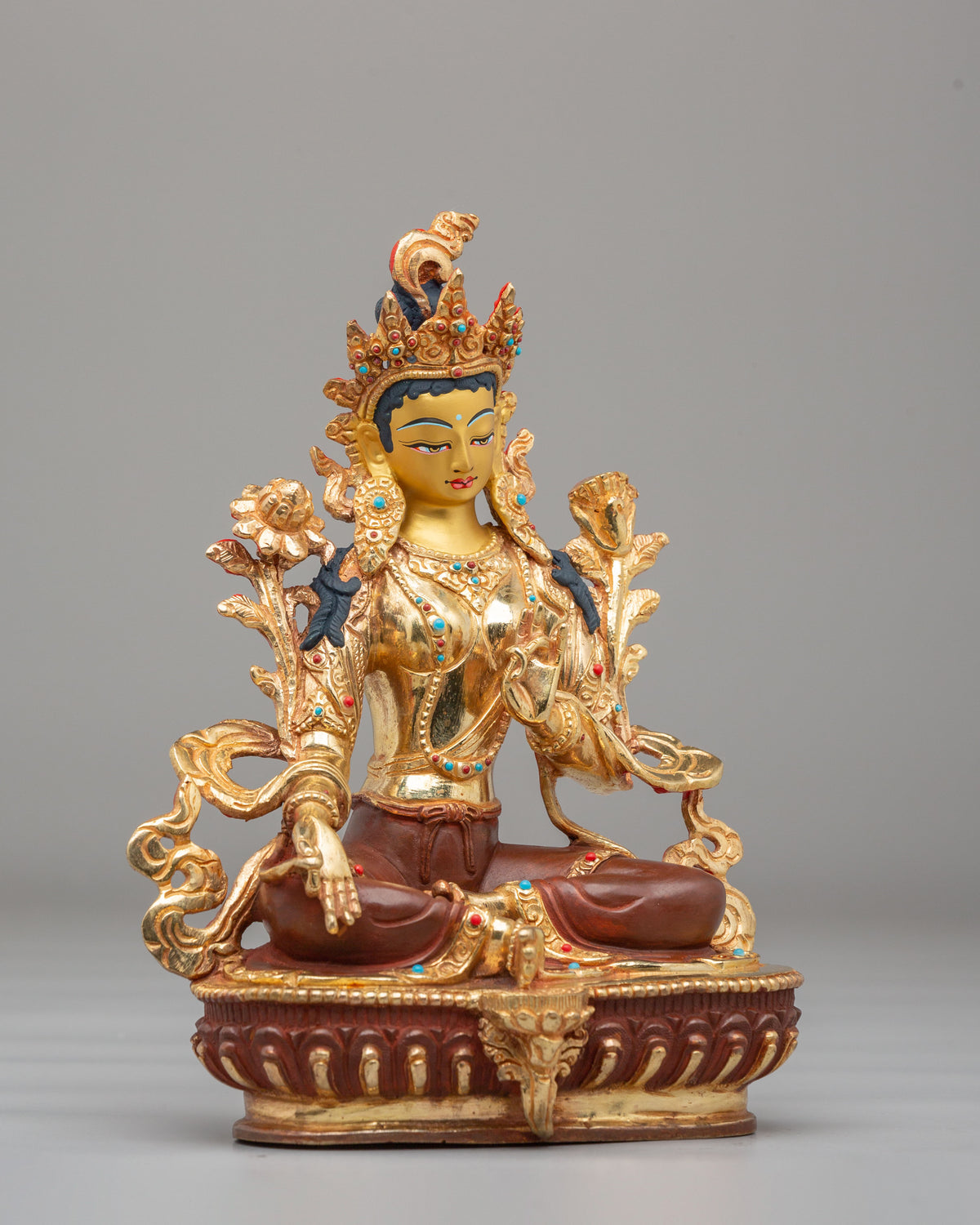 Handmade Altar Green Tara Statue | Gold Plated Buddhist Sculpture