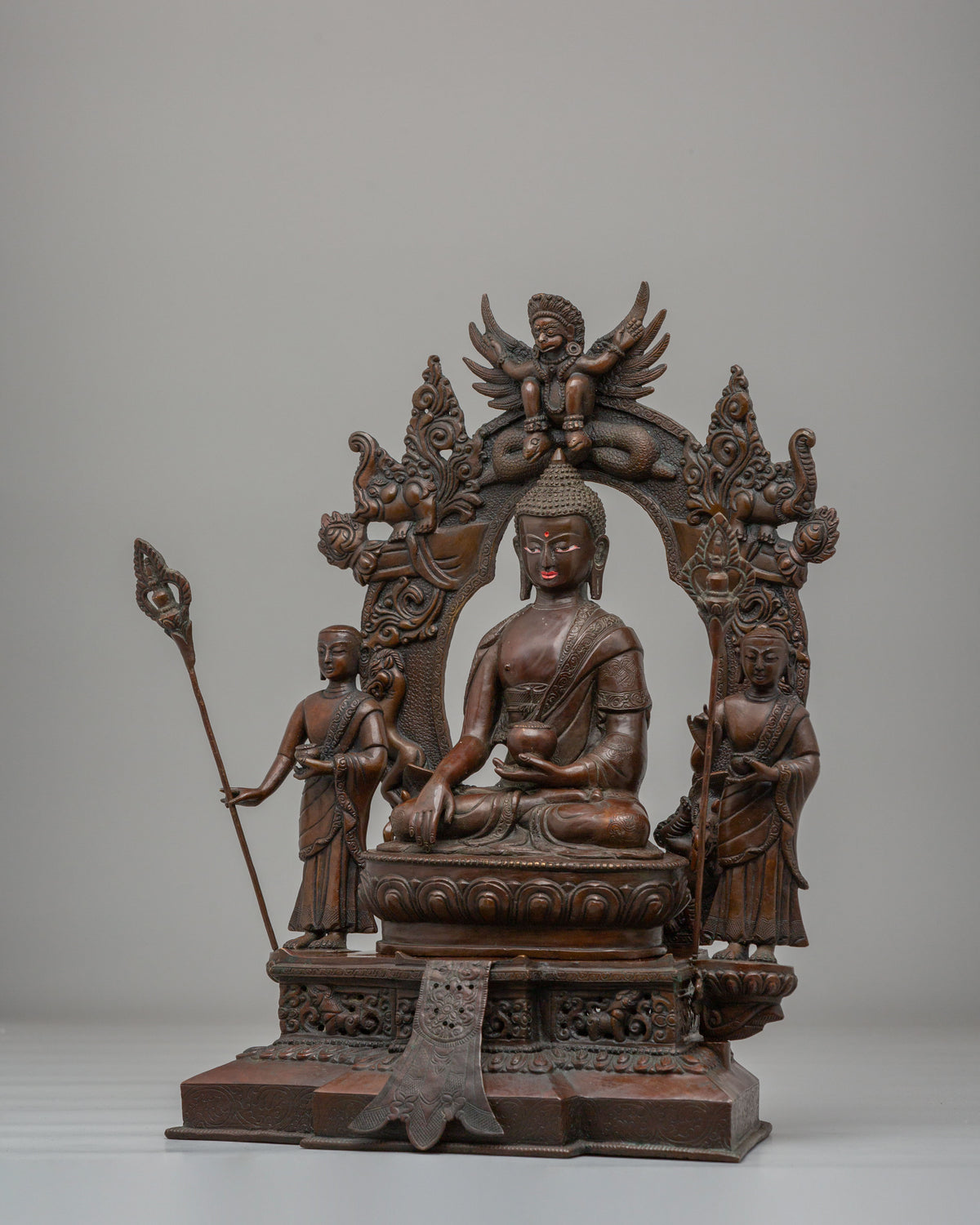 Buddha Shakyamuni with Disciples Statue | Garuda Makara Throne