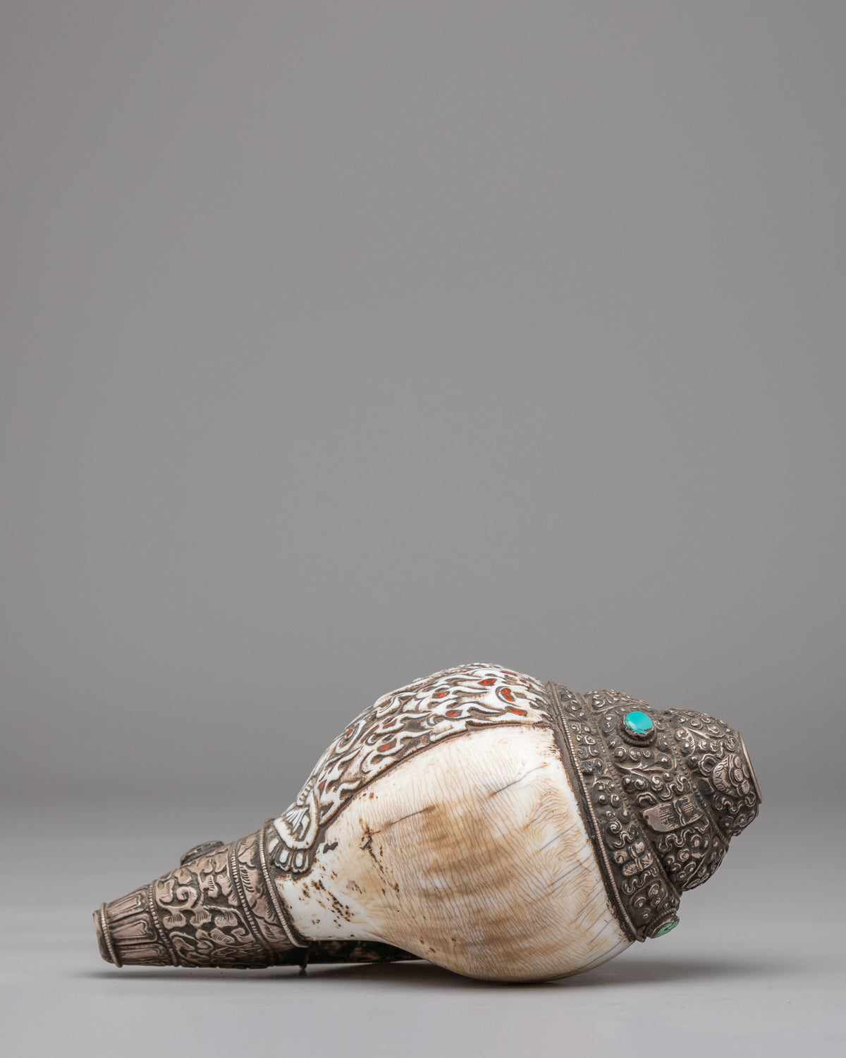 Traditional Buddhist Conch Shell | Silver Embellished Ritual Instrument