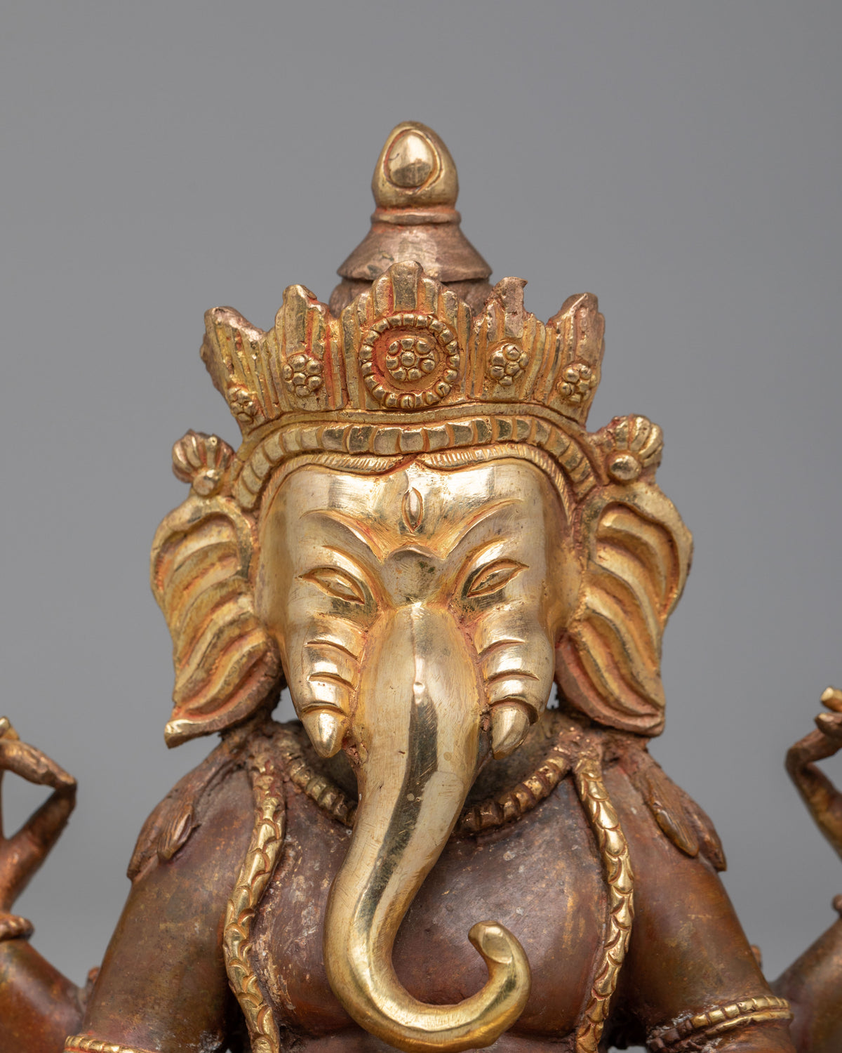 Sacred Himalayan Ganesh Altar Statue | Gold Plated Copper Ganesha Sculpture