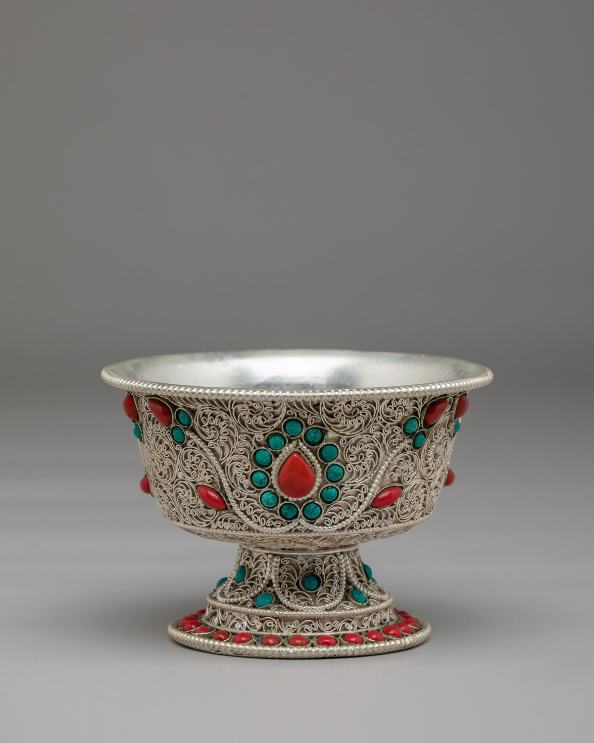 Buddhist Shrine Offering Bowl Set | Silver Plated Tibetan Ritual Bowls