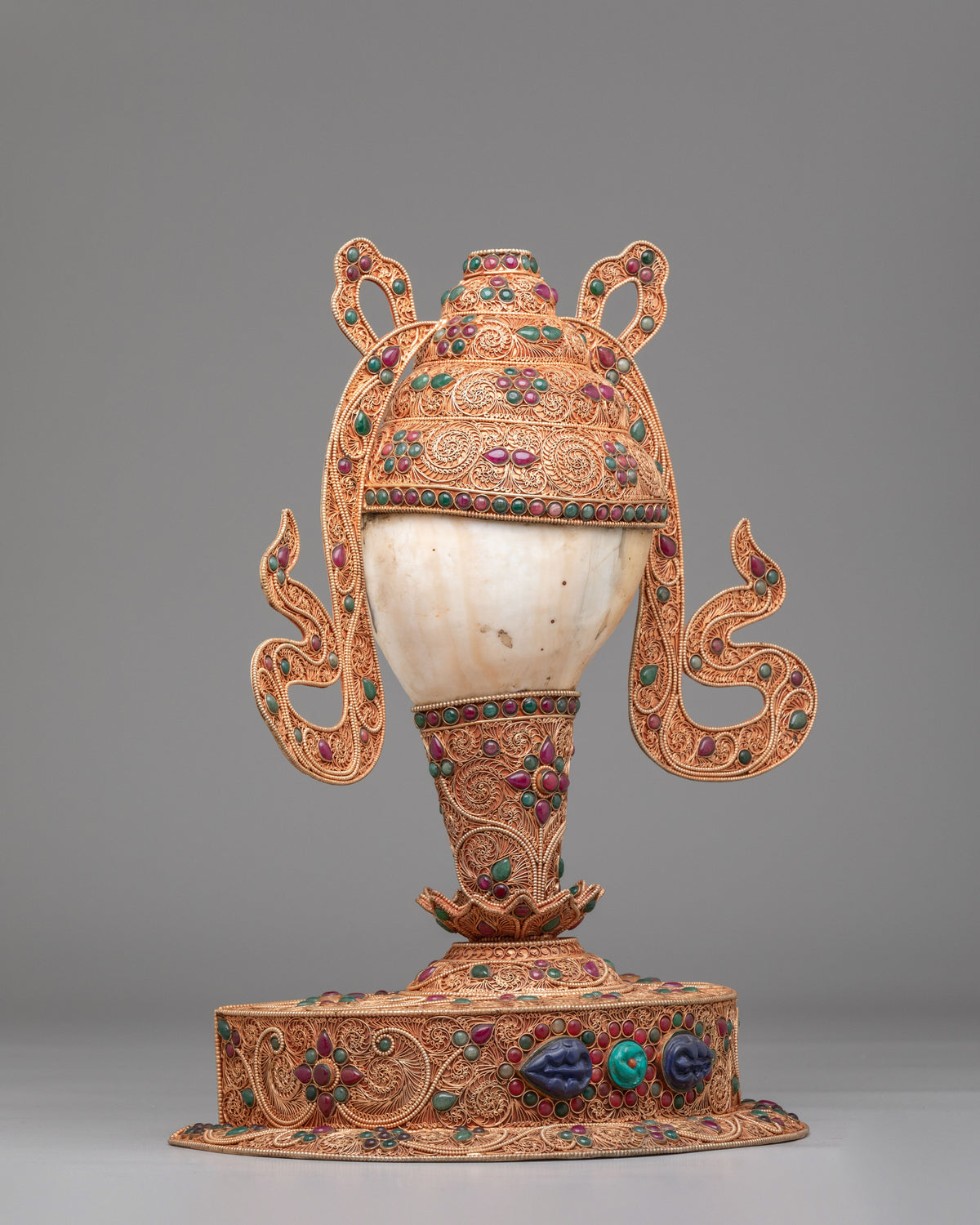 Tibetan Decorative Conch with Stand | Gemstone Embellished Buddhist Art