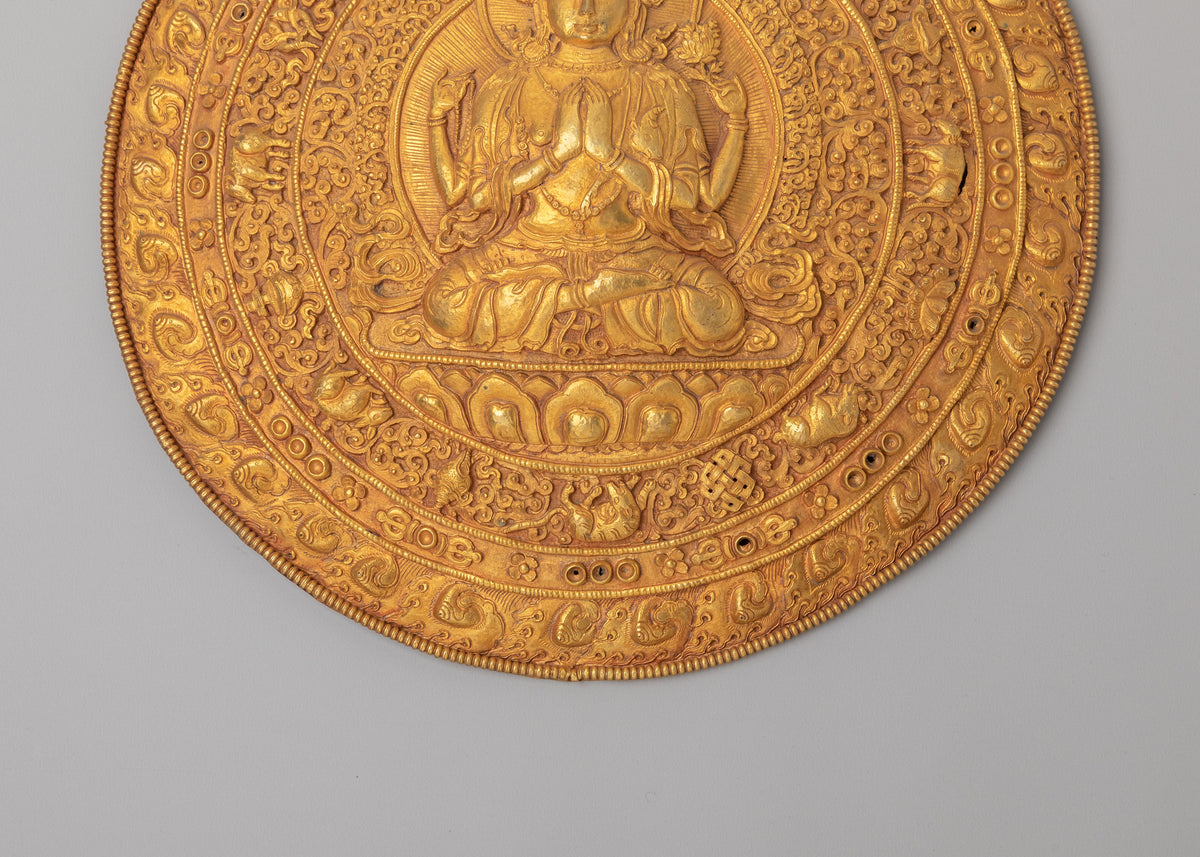 Traditional Chenrezig Wall Hanging | Gold Plated Copper Buddhist Wall Art