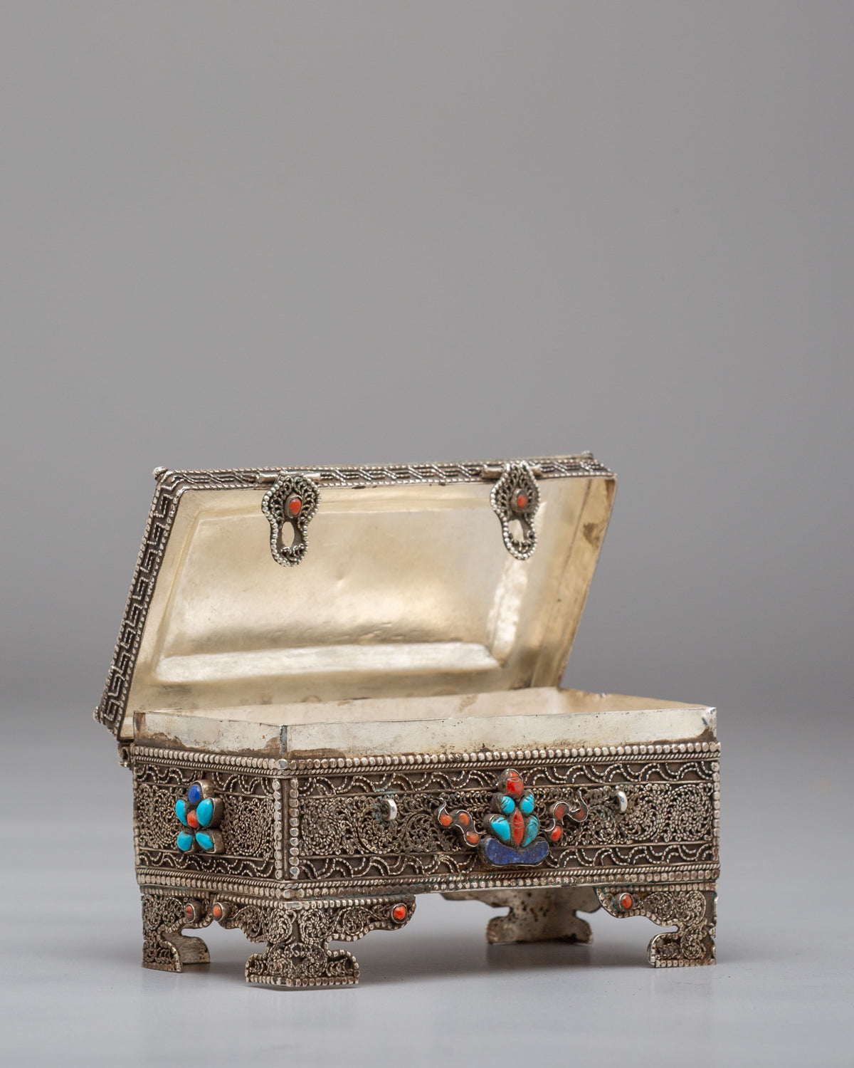 Buddhist Jewellery Box | Handcrafted Silver Filigree with Gemstones