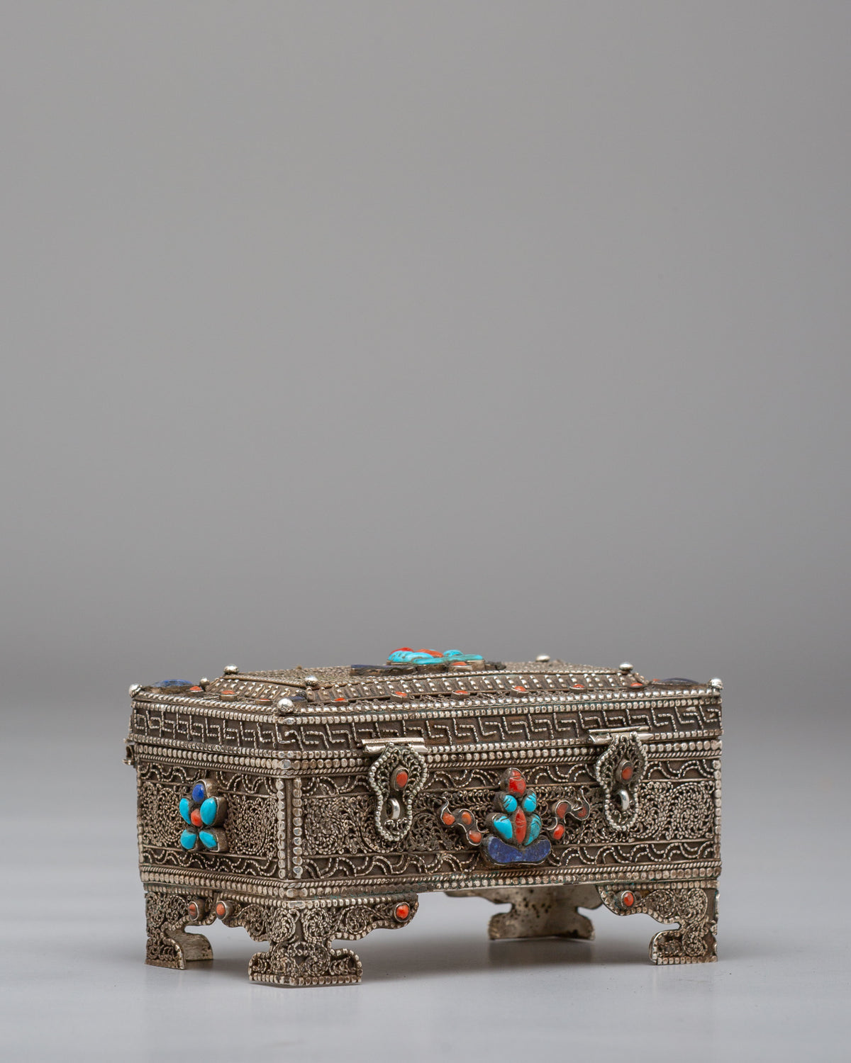 Buddhist Jewellery Box | Handcrafted Silver Filigree with Gemstones