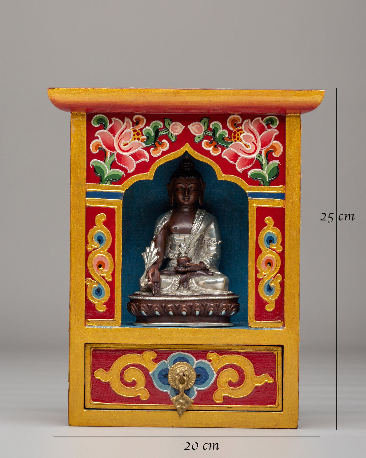 Medicine Buddha Altar Box | Tibetan Wooden Shrine with Silver Plated Statue