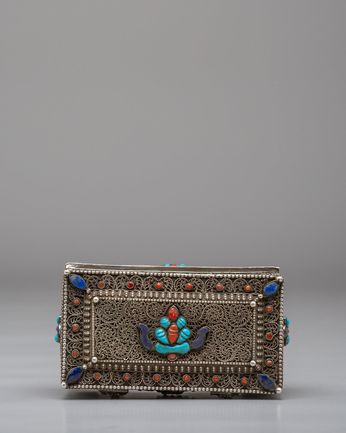 Buddhist Jewellery Box | Handcrafted Silver Filigree with Gemstones