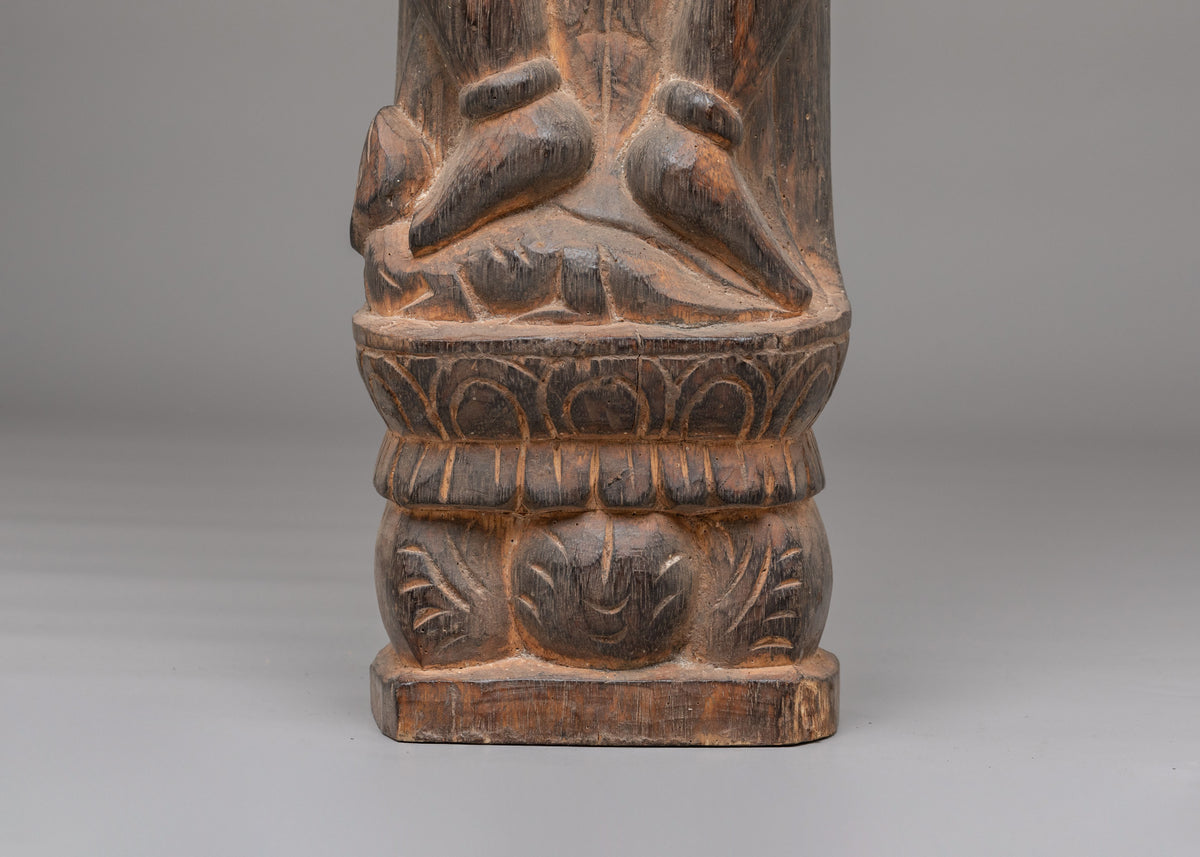 Ganesha Wooden Carved Pillar | Traditional Hindu Artwork