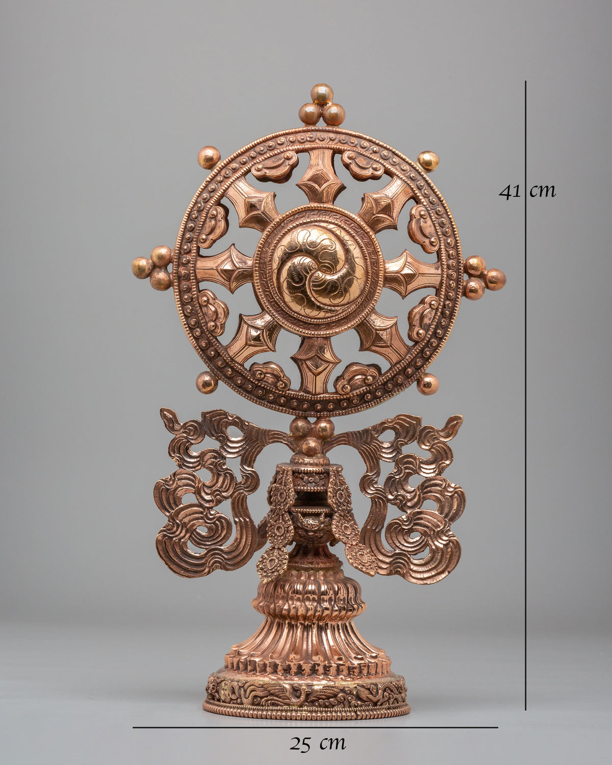 Buddhist Shrine Dharma Wheel | Handcrafted Copper Dharma Chakra Sculpture