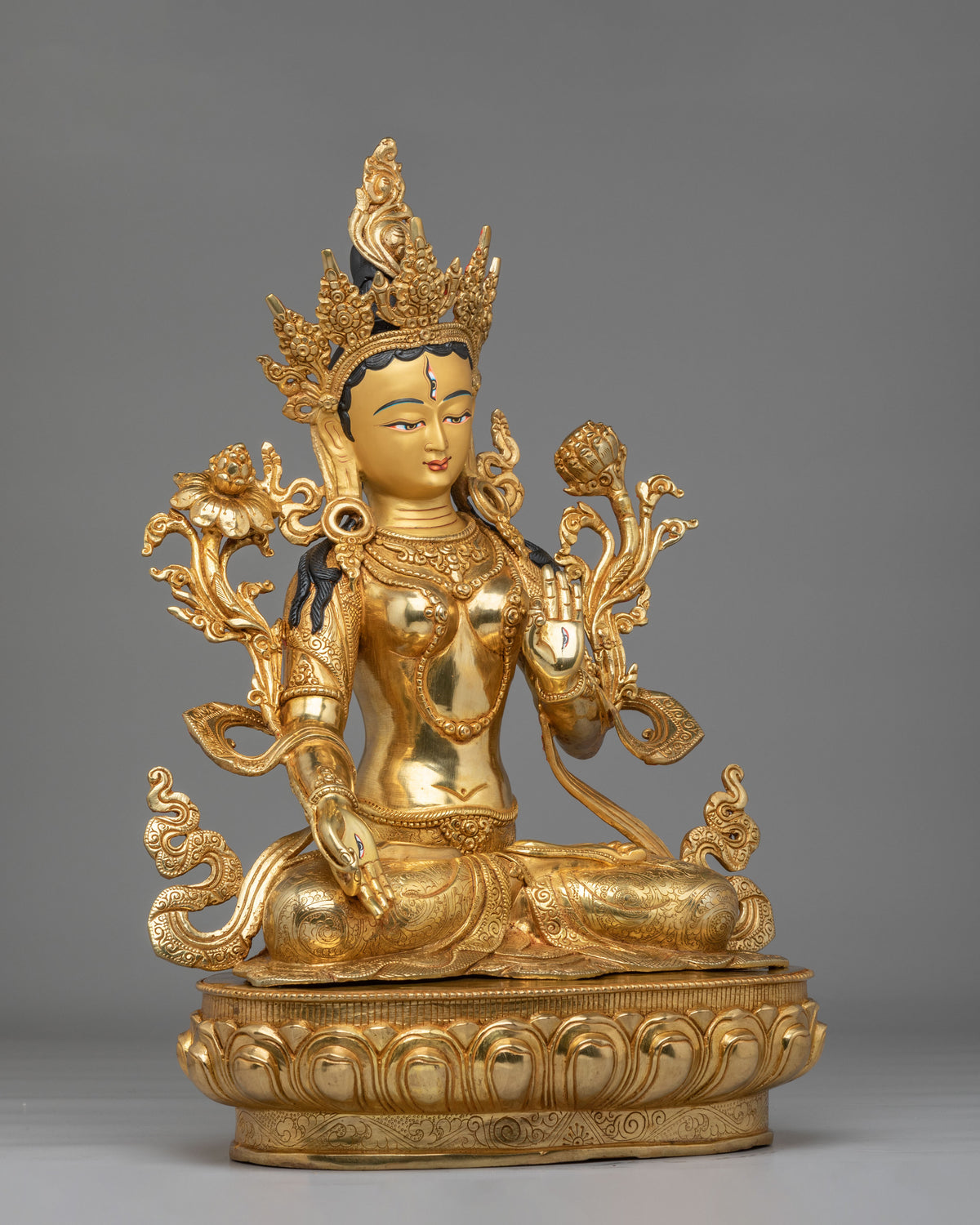 Tibetan Buddhist White Tara Sculpture | 24K Gold Plated Goddess Statue