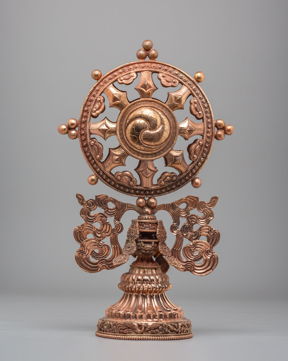 Buddhist Shrine Dharma Wheel | Handcrafted Copper Dharma Chakra Sculpture