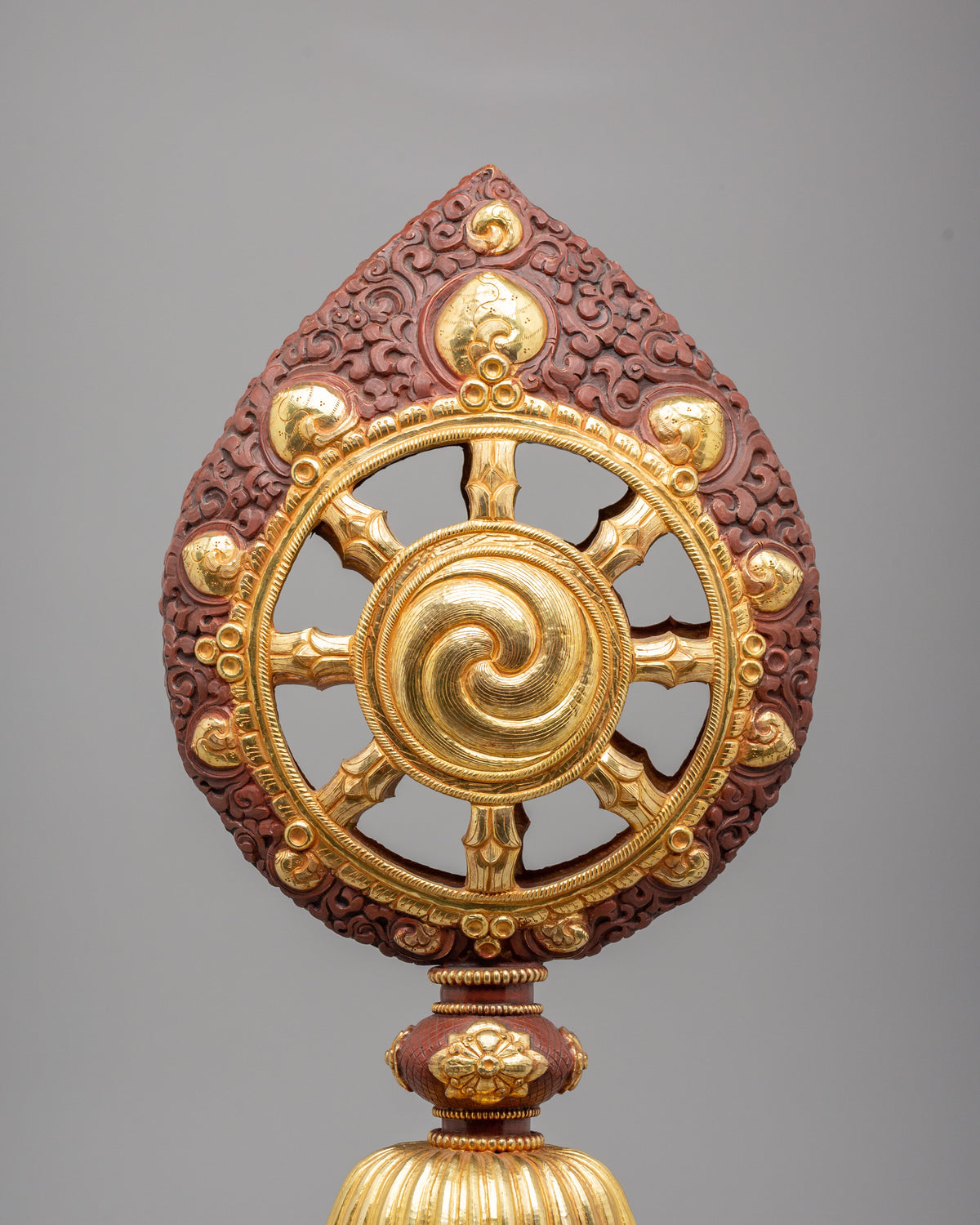 Sacred Buddhist Dharma Wheel | Gold Plated Oxidized Copper Sculpture