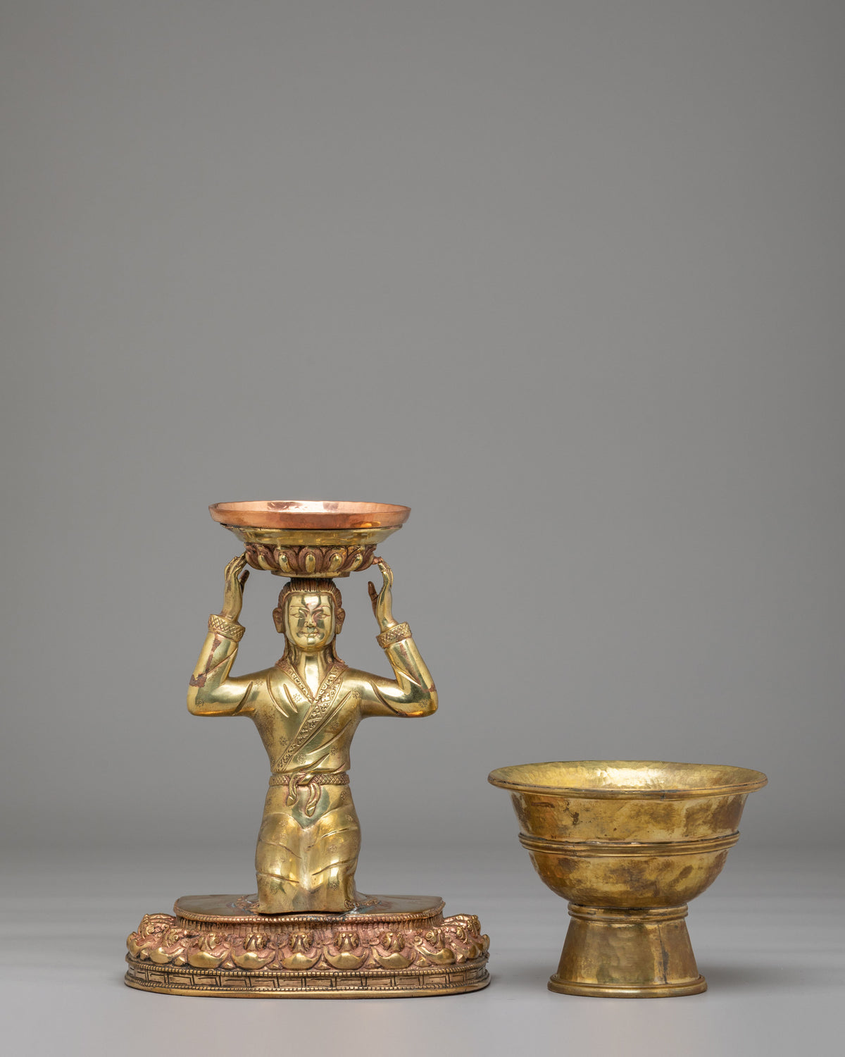 Tibetan Butter Lamp For Buddhist Shrine | Brass Lamp with Copper Holder