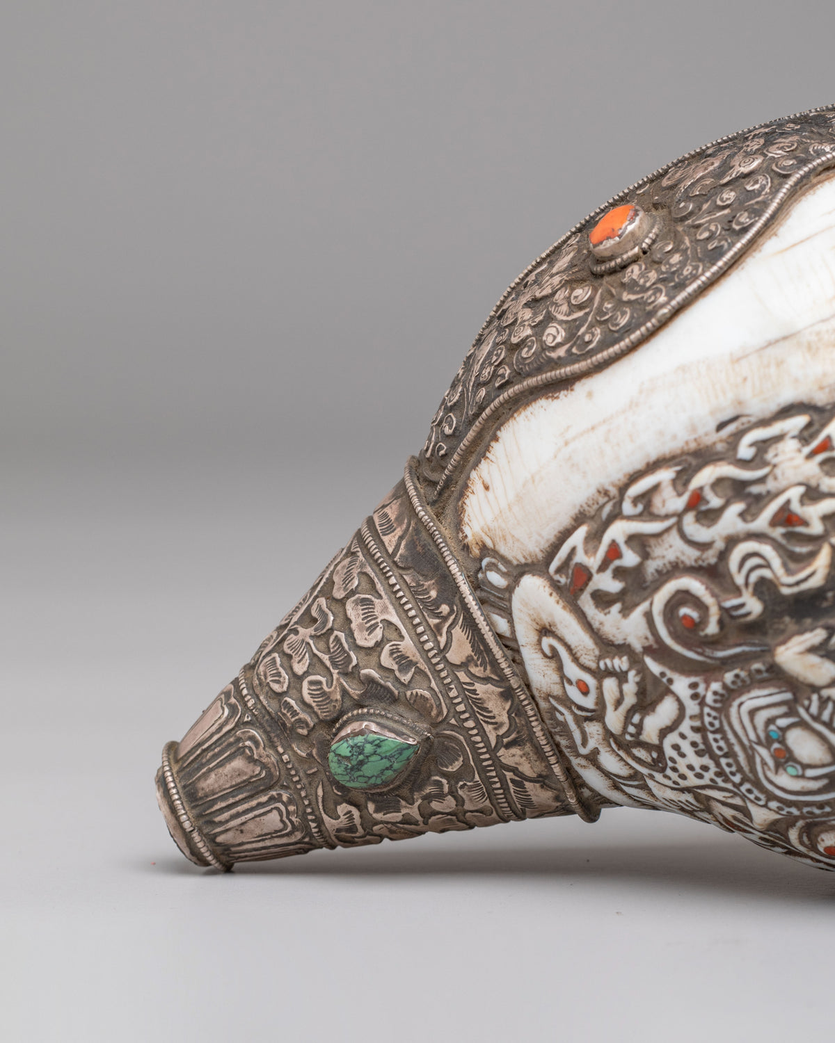 Traditional Buddhist Conch Shell | Silver Embellished Ritual Instrument