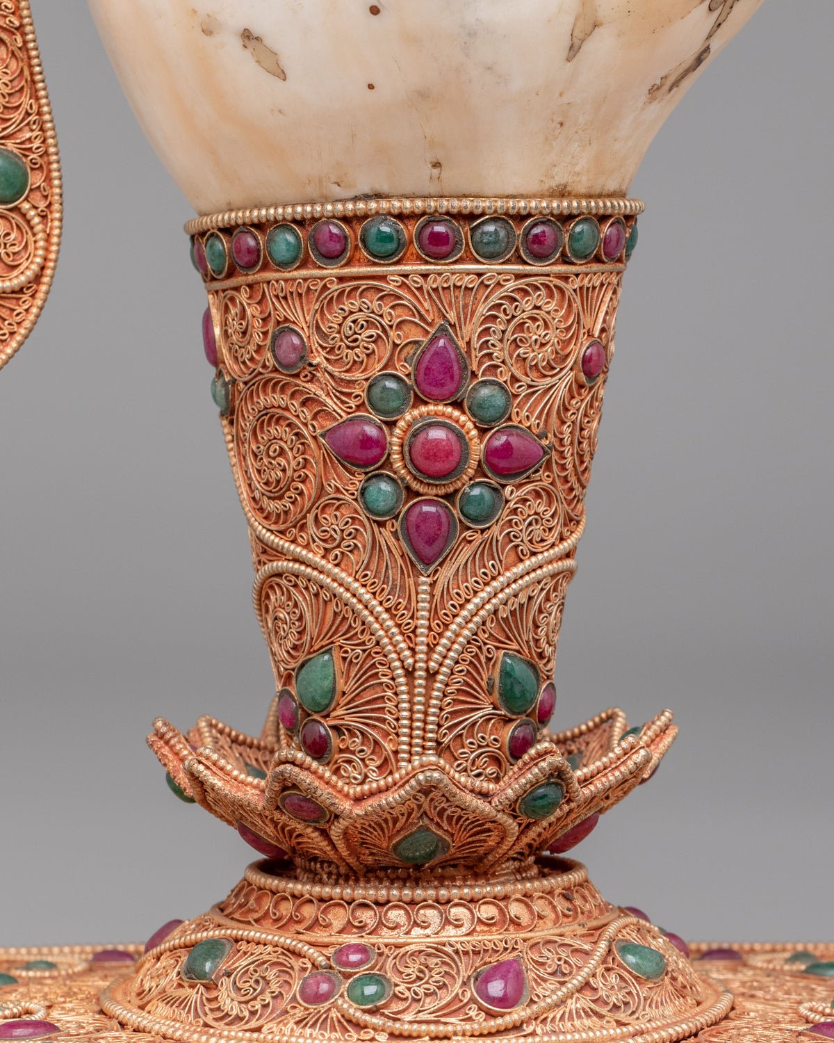 Tibetan Decorative Conch with Stand | Gemstone Embellished Buddhist Art