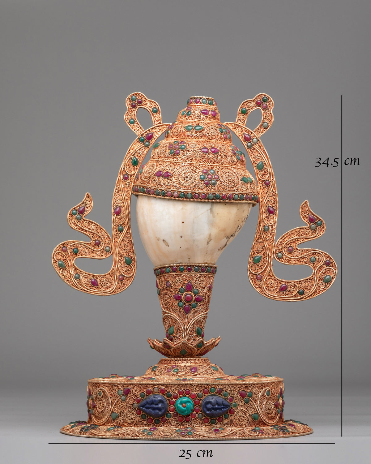 Tibetan Decorative Conch with Stand | Gemstone Embellished Buddhist Art