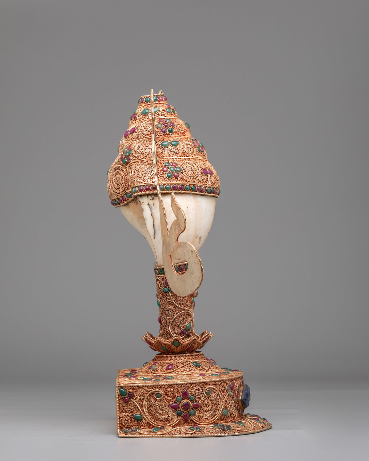 Tibetan Decorative Conch with Stand | Gemstone Embellished Buddhist Art