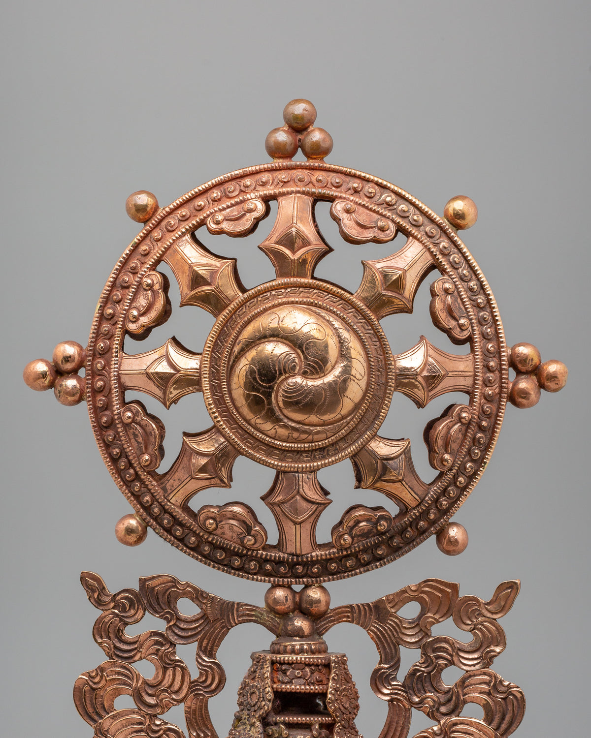 Buddhist Shrine Dharma Wheel | Handcrafted Copper Dharma Chakra Sculpture