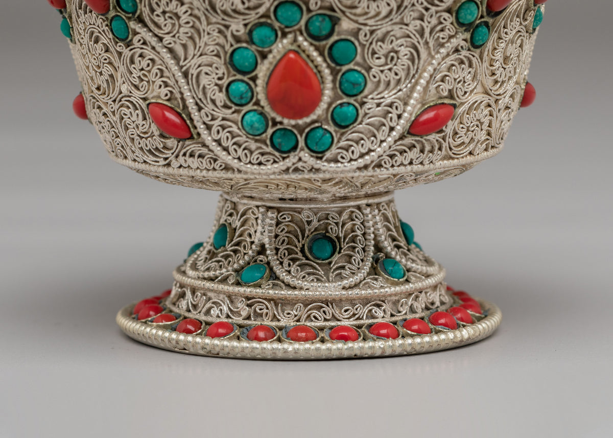 Buddhist Shrine Offering Bowl Set | Silver Plated Tibetan Ritual Bowls