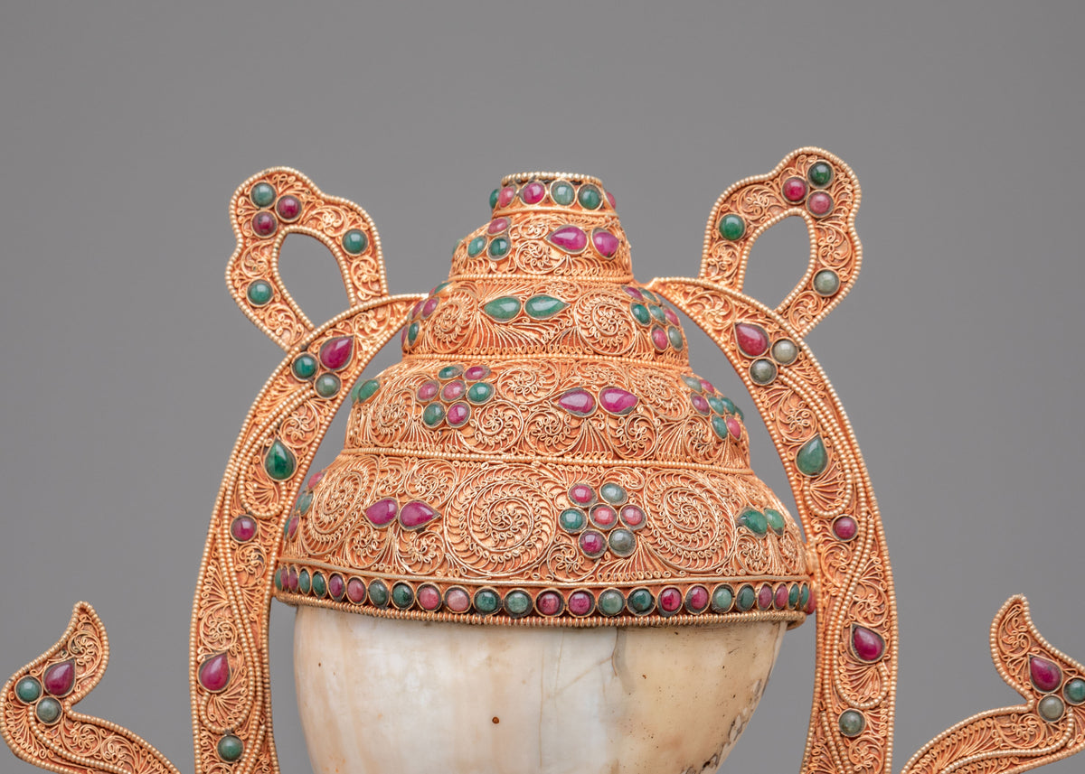 Tibetan Decorative Conch with Stand | Gemstone Embellished Buddhist Art