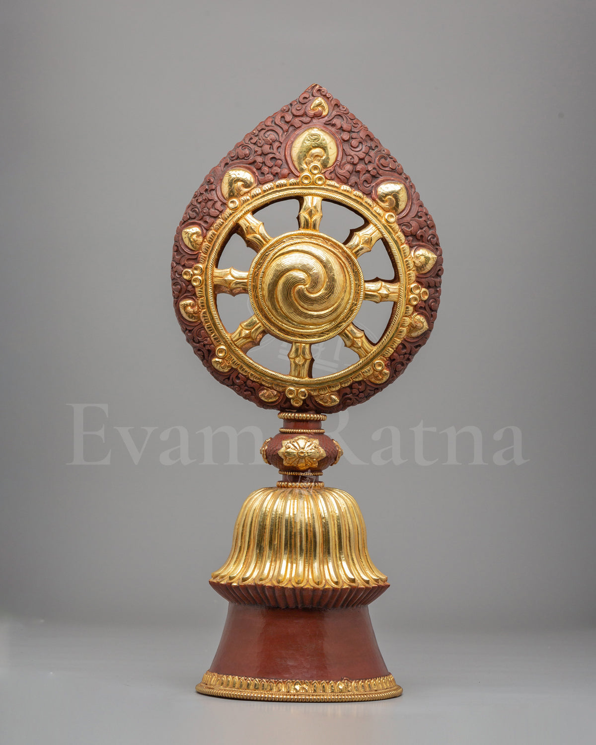 Sacred Buddhist Dharma Wheel | Gold Plated Oxidized Copper Sculpture