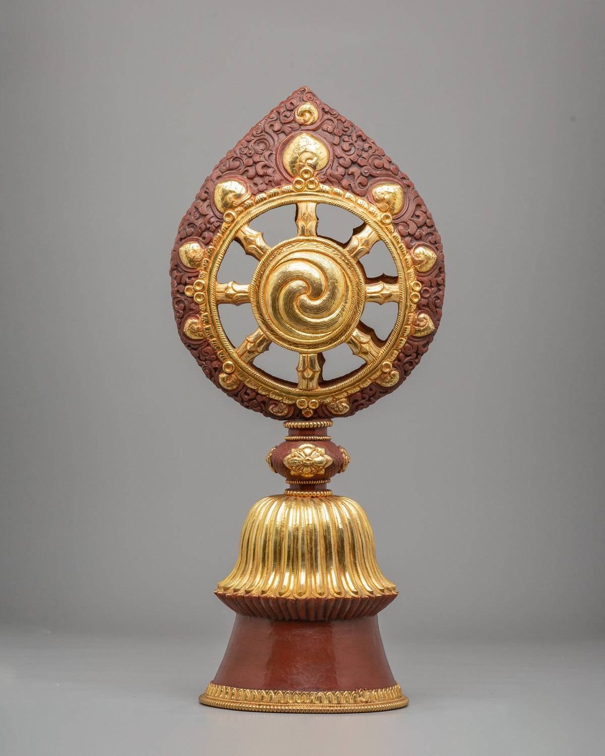 Sacred Buddhist Dharma Wheel | Gold Plated Oxidized Copper Sculpture