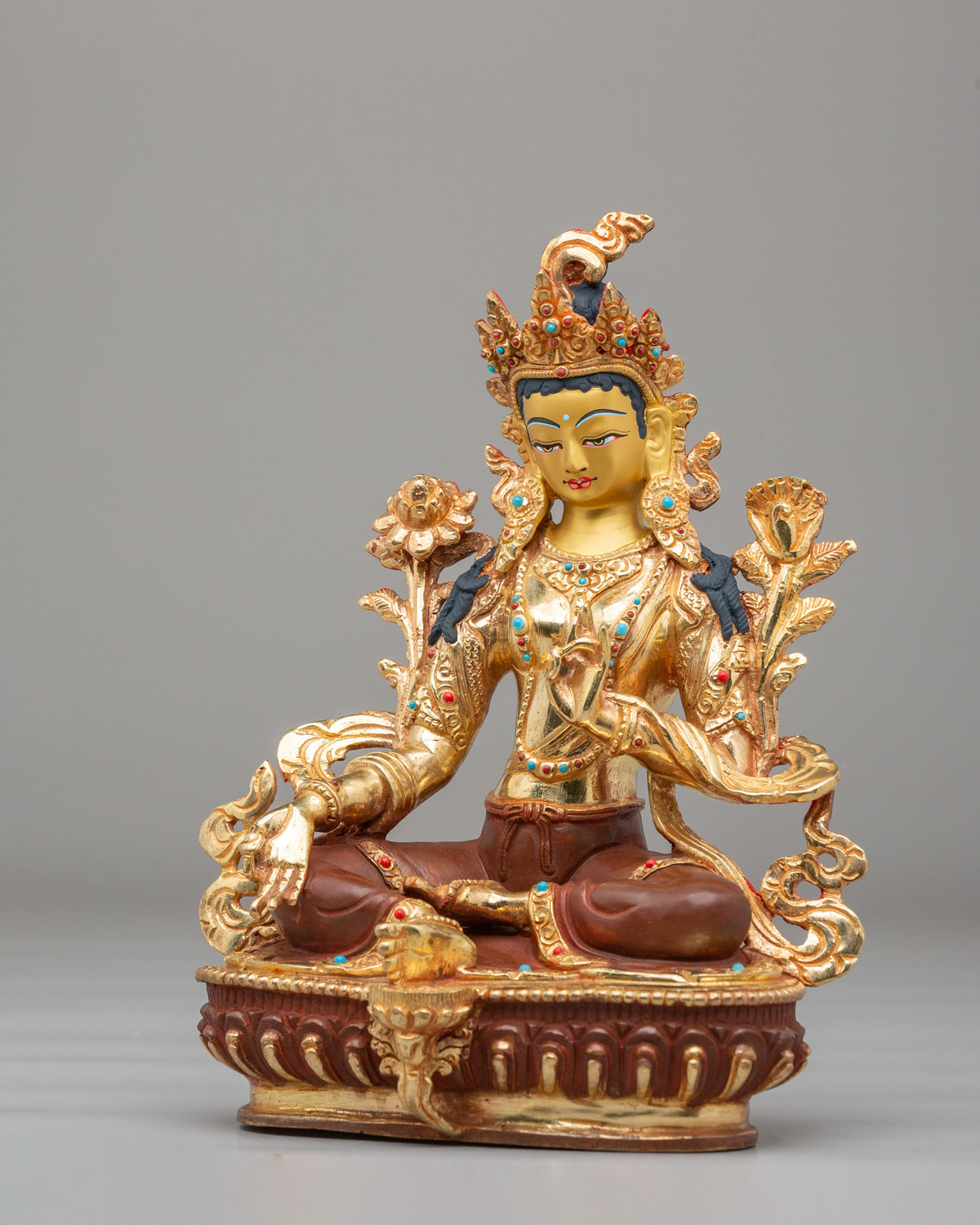 Handmade Altar Green Tara Statue | Gold Plated Buddhist Sculpture