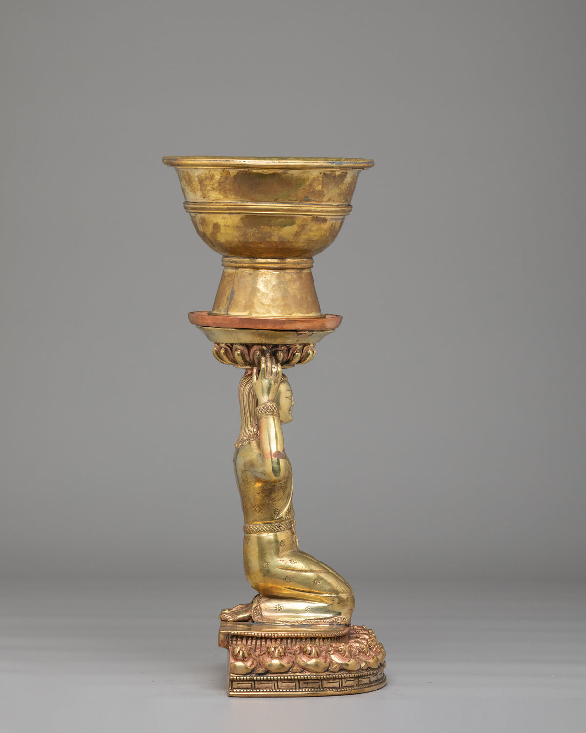 Tibetan Butter Lamp For Buddhist Shrine | Brass Lamp with Copper Holder