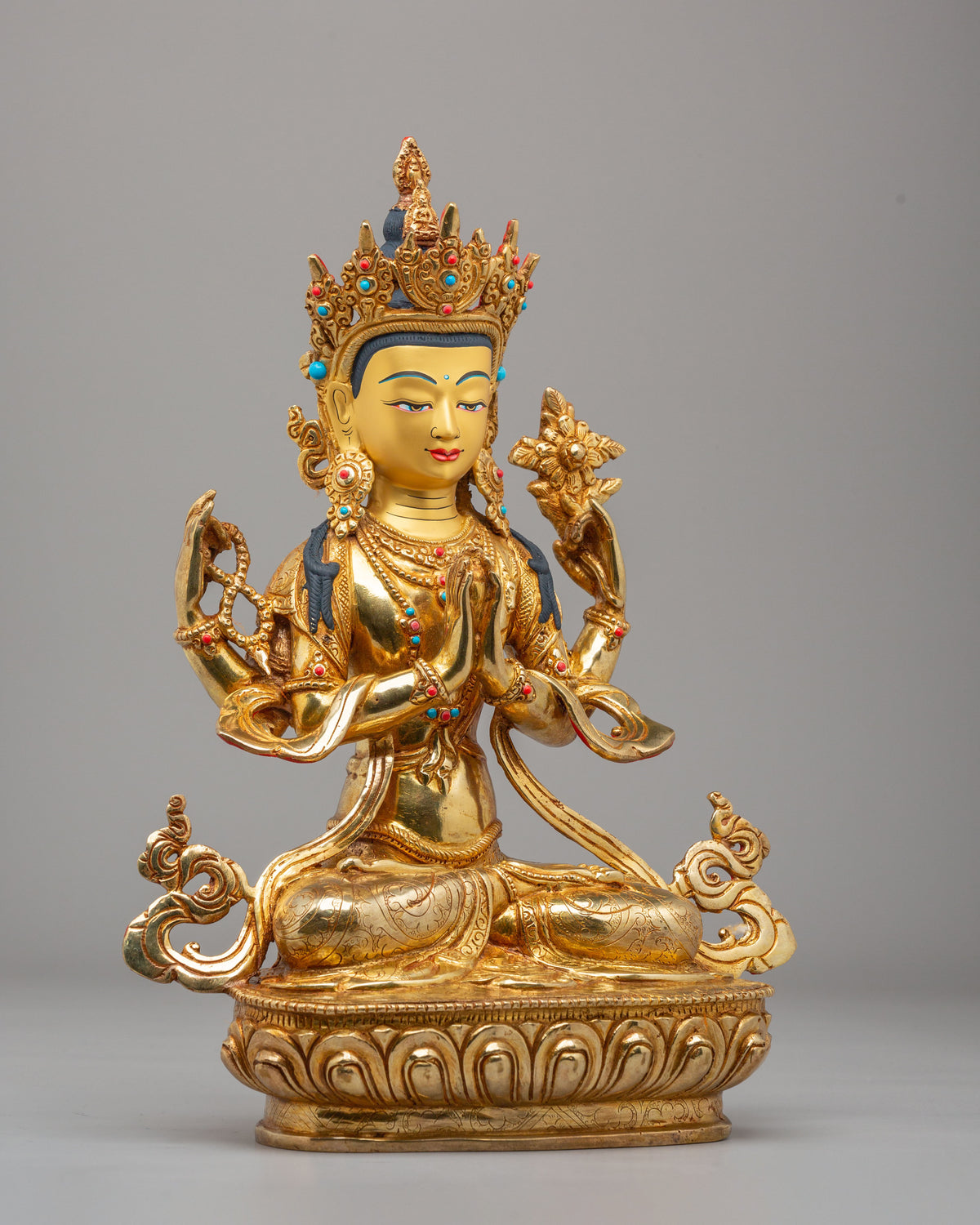 Buddhist Altar Chenrezig Sculpture | 24K Gold Gilded Compassion Statue