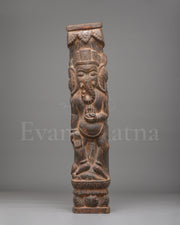 Ganesha Wooden Carved Pillar | Traditional Hindu Artwork
