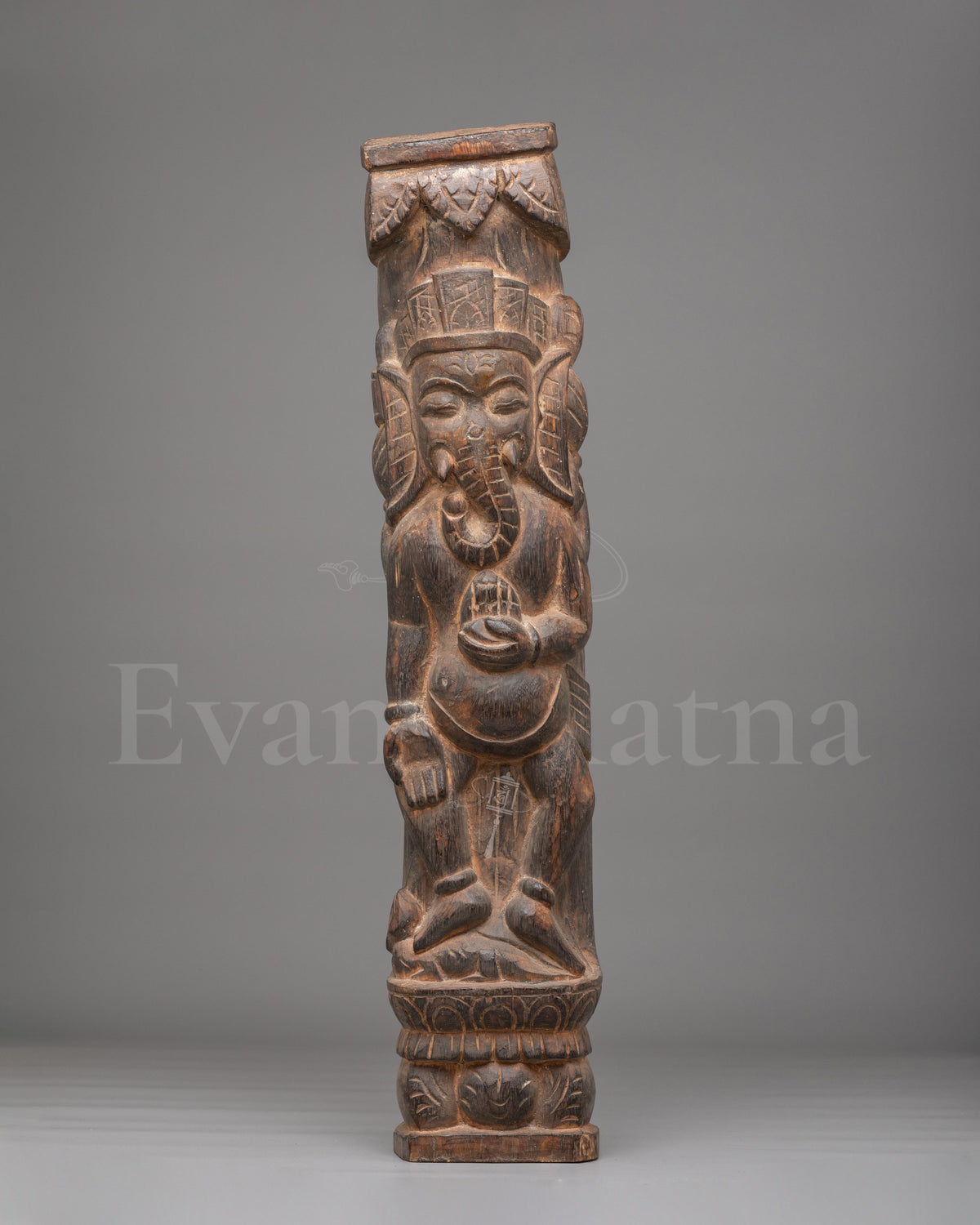 Ganesha Wooden Carved Pillar | Traditional Hindu Artwork