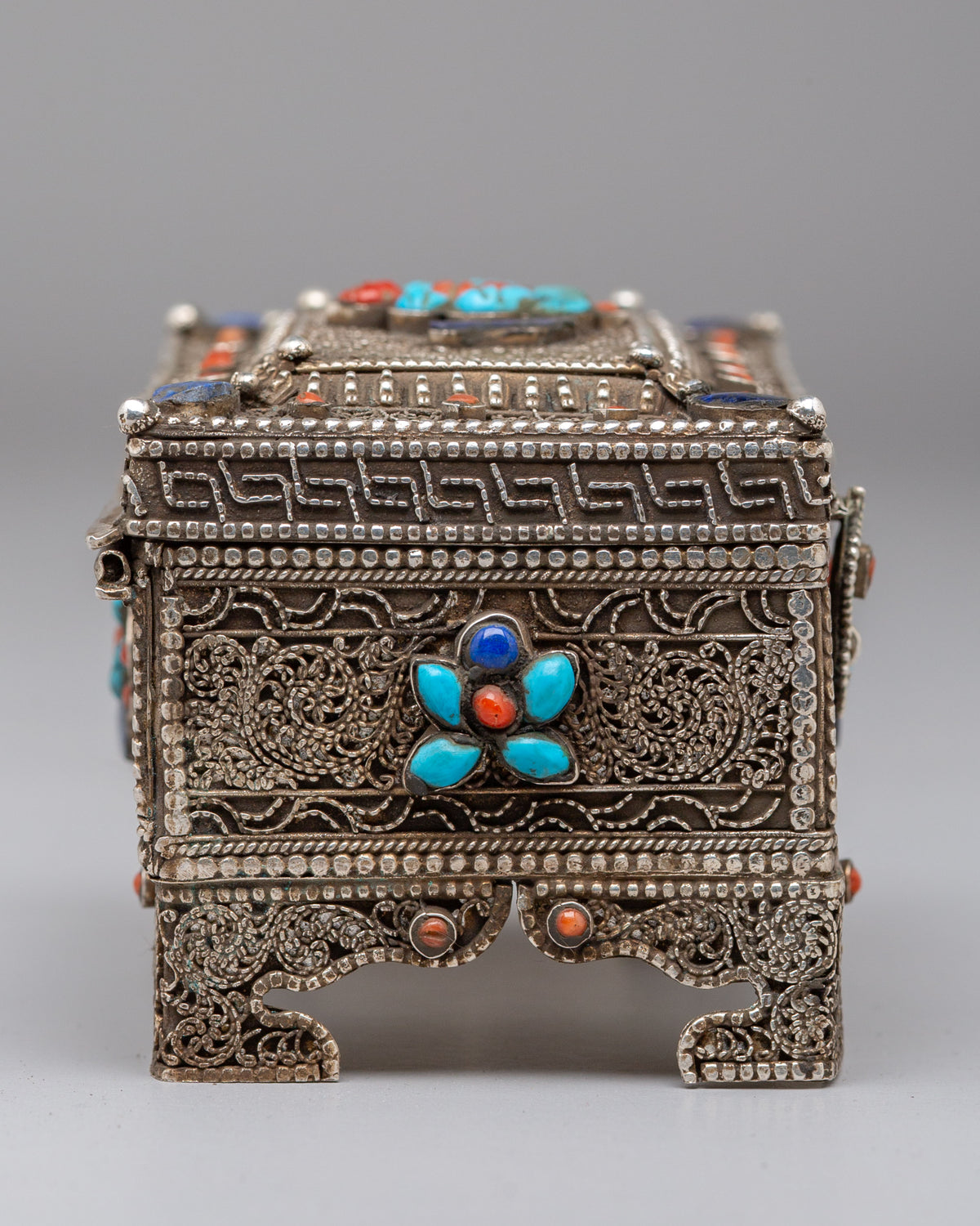 Buddhist Jewellery Box | Handcrafted Silver Filigree with Gemstones