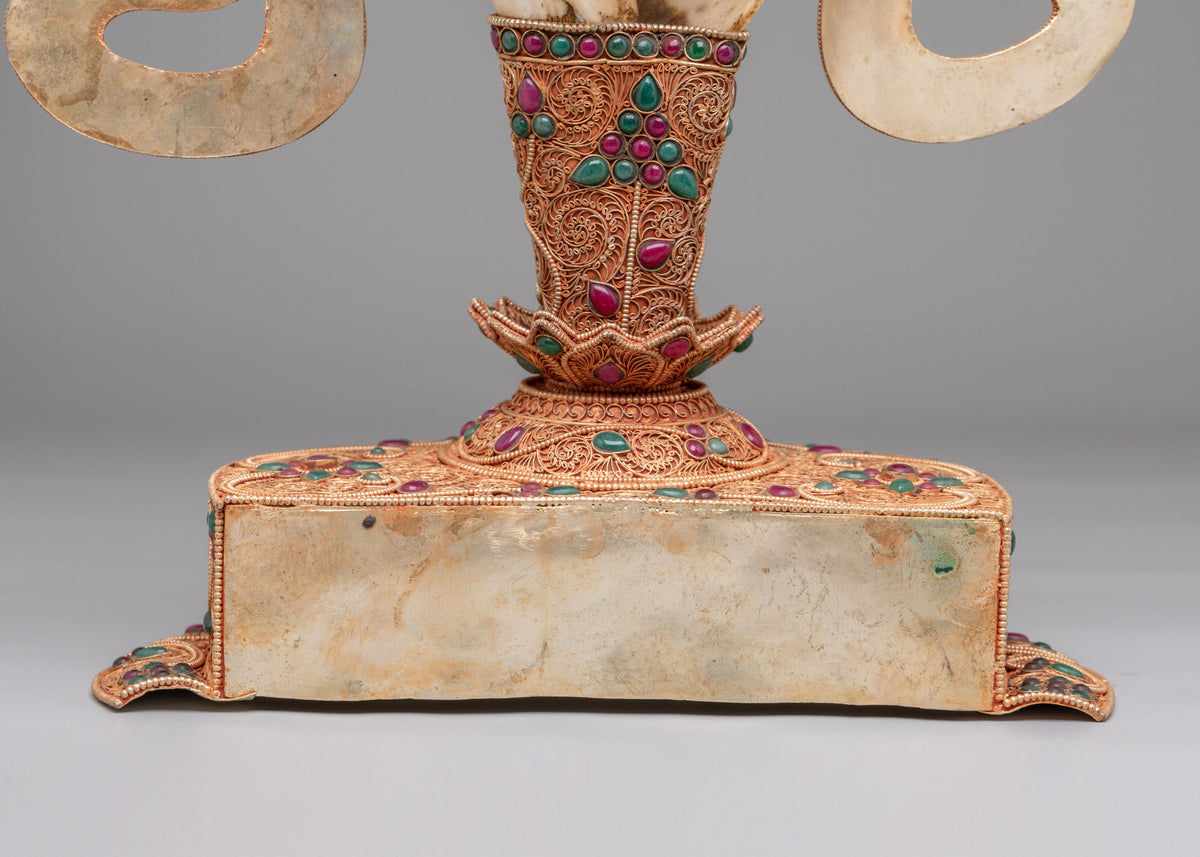Tibetan Decorative Conch with Stand | Gemstone Embellished Buddhist Art