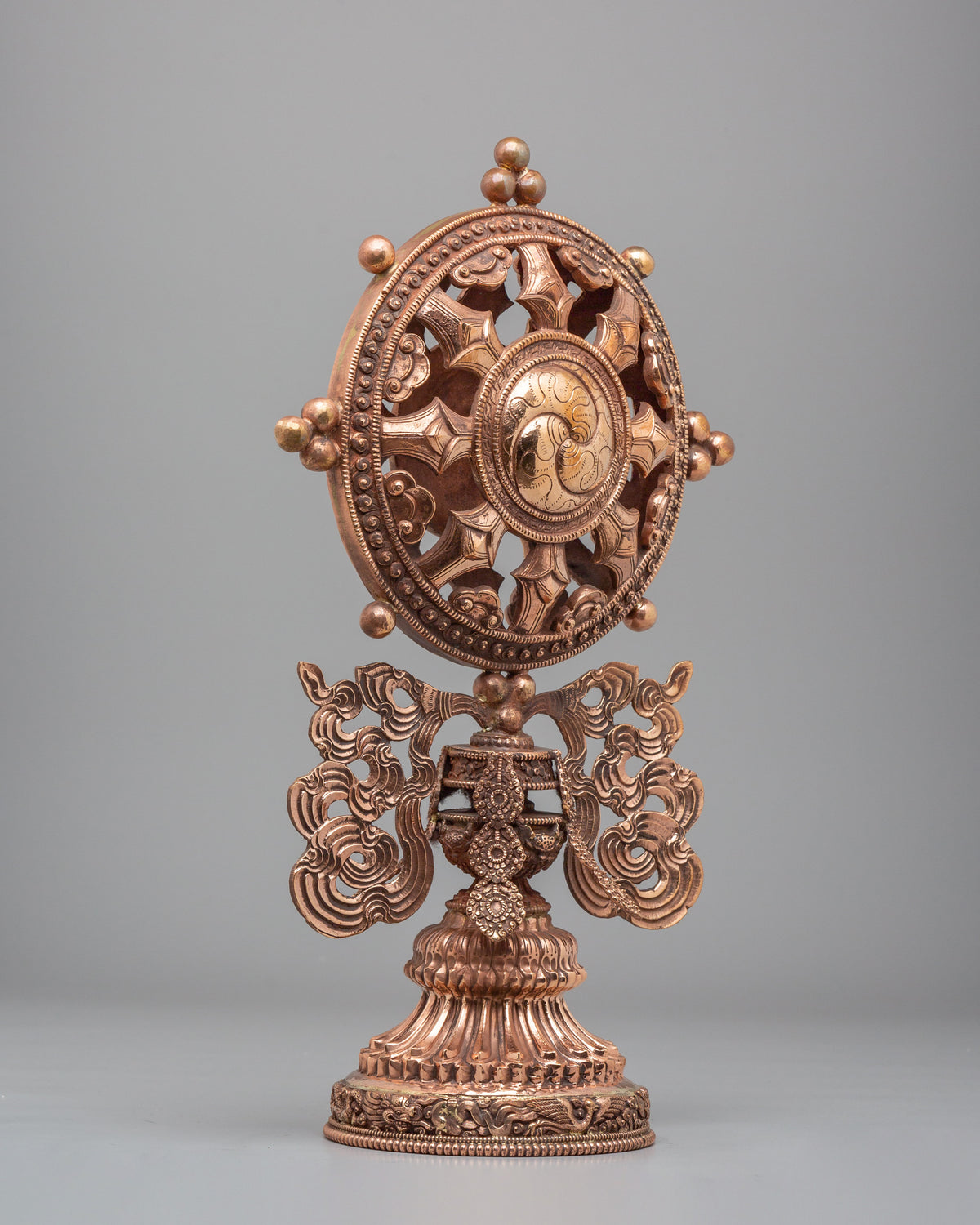 Buddhist Shrine Dharma Wheel | Handcrafted Copper Dharma Chakra Sculpture