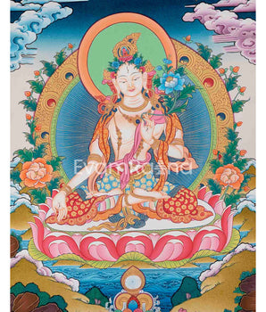 White Tara Thangka Art | Original Hand Painted Female Bodhisattva Art | Wall Decoration Painting |