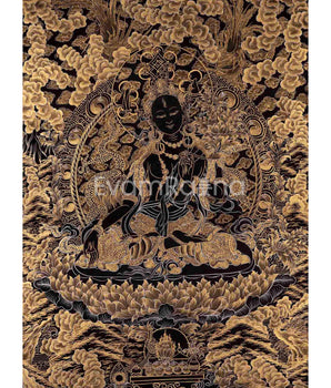 Black and Gold Style White Tara Thangka | Original Hand-Painted Female Bodhisattva Art |