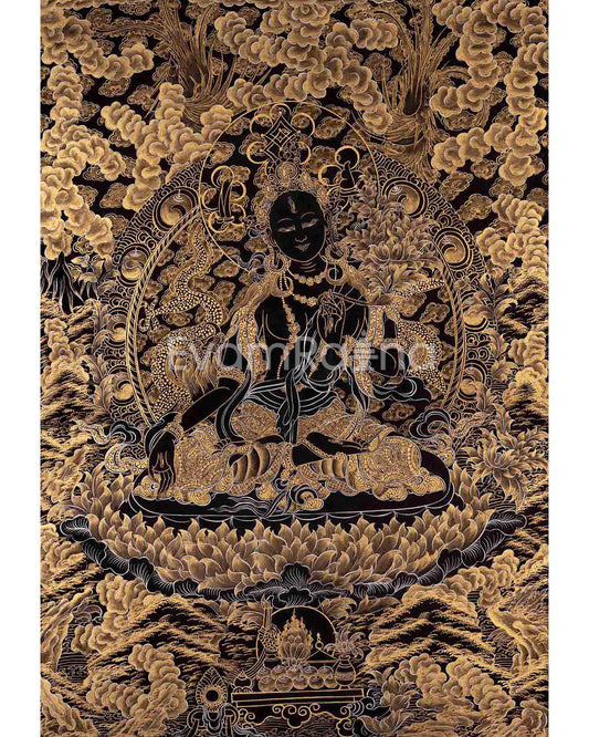 Black and Gold Style White Tara Thangka | Original Hand-Painted Female Bodhisattva Art |