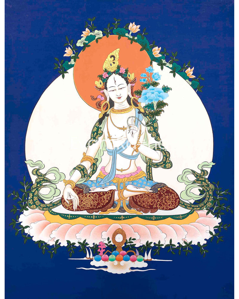 Pacifying White Tara Sitting in Abhaya Mudra Postures | Tibetan Original Handmade Thangka |