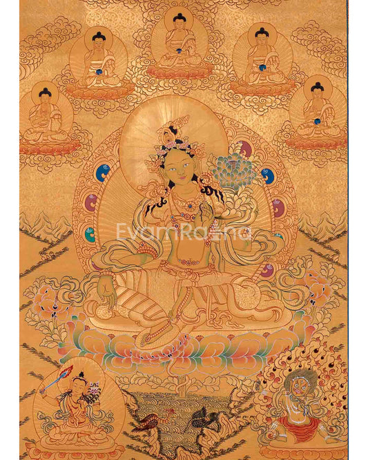 Full Gold Style Green Tara Thangka |Original Hand Painted Tibetan Buddhist Wall Hanging Healing Art |