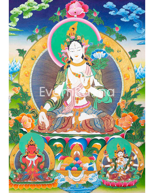 Beautifully Hand-Painted White Tara | Female Bodhisattva Thangka | Mother Goddess |