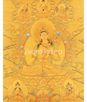 Full 24K Gold Style White Tara Followed By Other Bodhisattvas | Art Painting for Meditation | Female Bodhisattva | Religious Painting