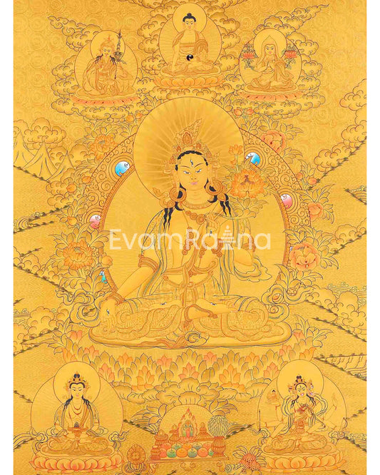 Full 24K Gold Style White Tara Followed By Other Bodhisattvas | Art Painting for Meditation | Female Bodhisattva | Religious Painting