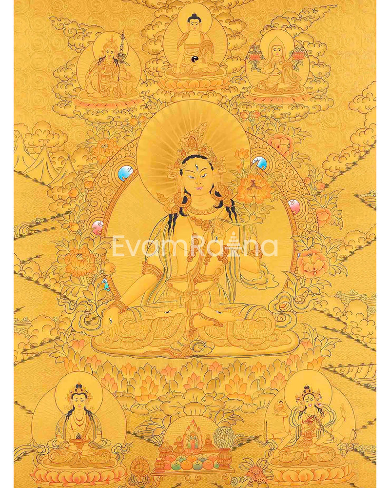 Full 24K Gold Style White Tara Followed By Other Bodhisattvas | Art Painting for Meditation | Female Bodhisattva | Religious Painting